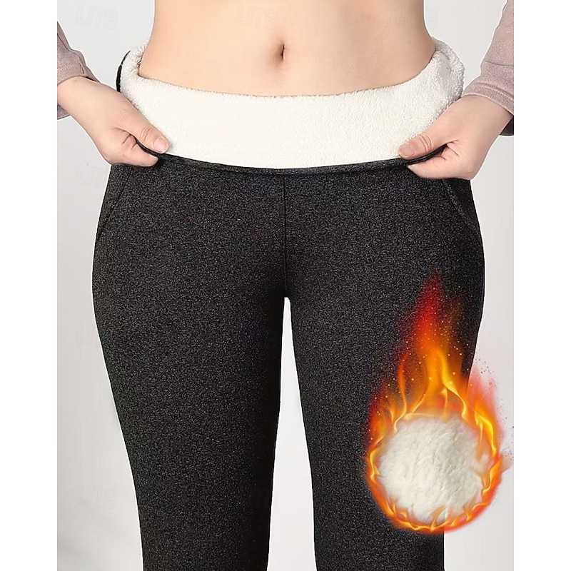 Women's Chinos Leggings Cozy Fleece Lined Casual Full Length Medium Waist Plain Pocket Elastic Waist Warm Comfortable Stretchy Outdoor Vacation Daily Wear Black Grey Light Gray Dark-Gray Fall Winter3