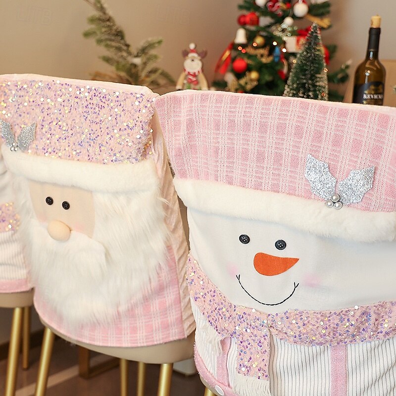 Pink Christmas Chair Covers, Santa Claus Plush Seat Covers for Dining Room and Home Decoration, Festive Holiday Chair Slipcovers for Xmas Party Decor3