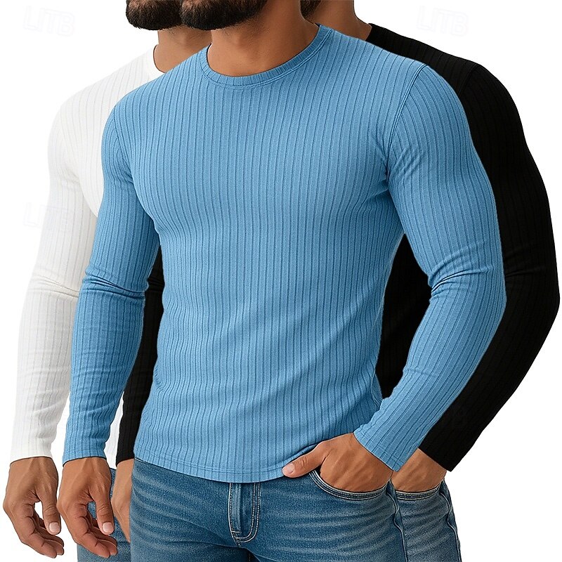 Men's T Shirt Muscle Shirt Ribbed Knit tee Tee Top Long Sleeve Crew Neck Spring Fall All Seasons Plain Textured Pit Strip Fashion Designer Basic 2 Piece Knitting Vacation Street Casual4