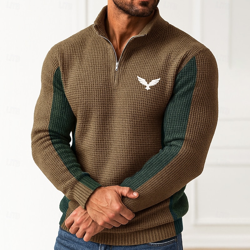 Men's Animal Pullover Sweater Jumper Zip Sweater Polo Sweater Zip Collar Casual School Vacation Daily Embroidered Zipper Long Sleeve Sky Blue Brown Green2