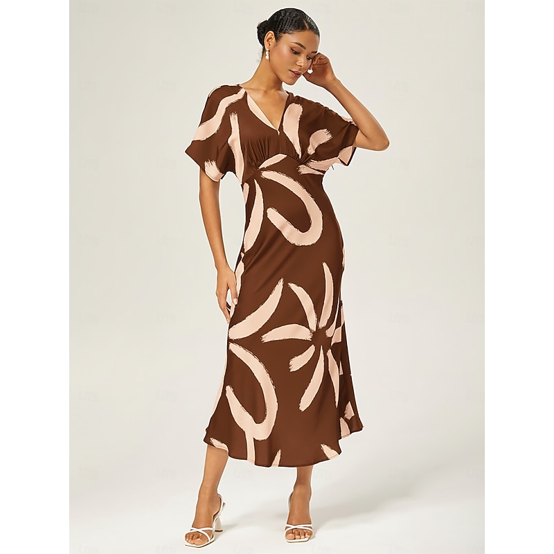 Women's Maxi Dress Coffee Abstract Floral Print Satin V Neck Batwing Sleeve Belted Elegant Vacation Spring Summer Fall2