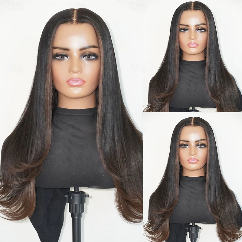 Remy Human Hair 5x5 Closure 13x4 Lace Front Wig Middle Part Brazilian Hair Straight Wavy Multi-color Wig 150% 180% Density with Baby Hair Highlighted / Balayage Hair 100% Virgin Glueless Pre-Plucked3