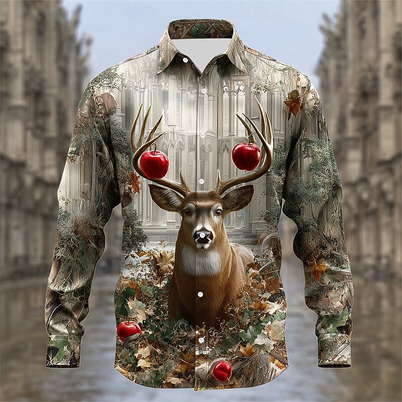 Men's Reindeer Camouflage Christmas Animal Shirt Button Up Shirt Long Sleeve Vintage Retro Outdoor Camping & Hiking Hunting Spring Fall Turndown 3D Print Linen Like Shirt Khaki