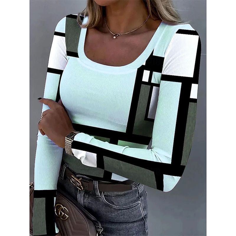 Women's Tunic Graphic Geometric Abstract Vintage Fashion Stylish Long Sleeve Square Neck Regular Tops Daily Print Pink Khaki Light Blue Spring Fall Winter2