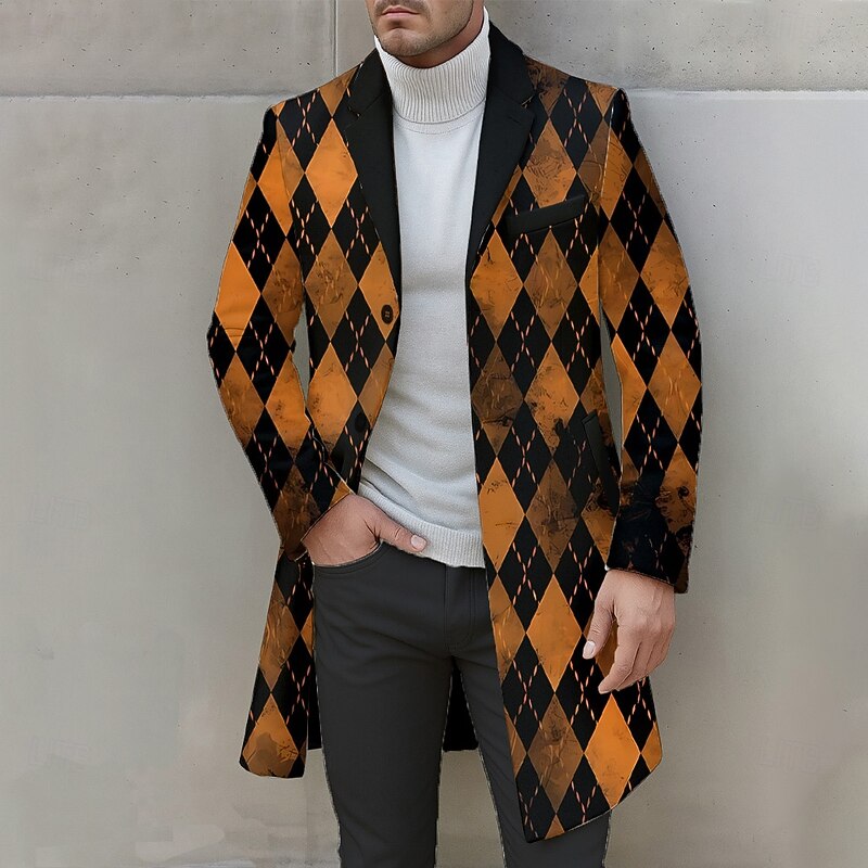Men's Geometric Argyle Overcoat Coat Casual Business Daily 3D Print Buttons Front Pocket Spring Fall Winter Notch Long Sleeve Yellow Orange Brown