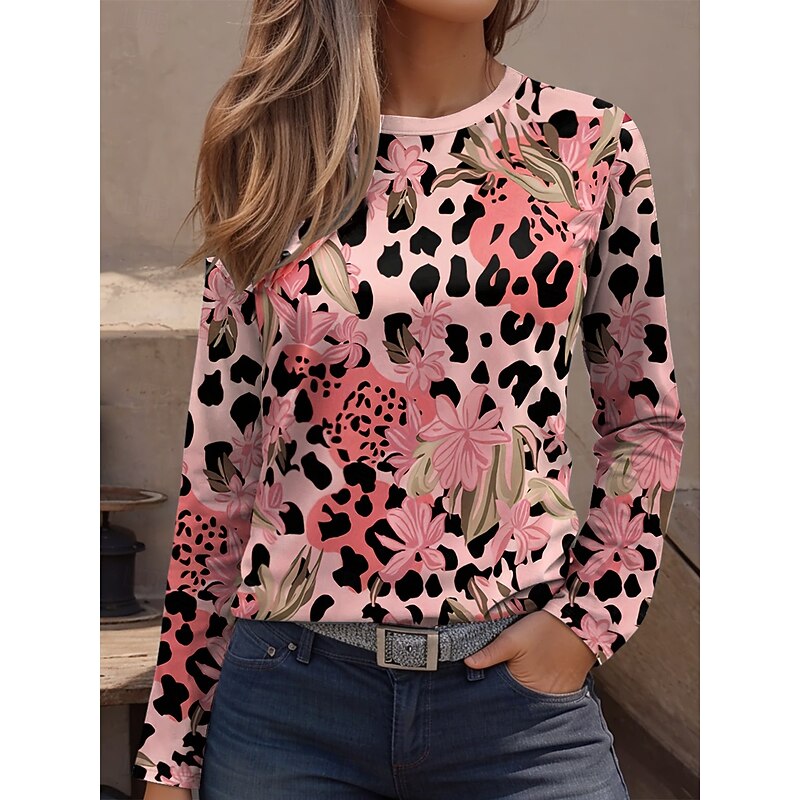 Women's T Shirt Graphic Leopard Geometric Vintage Fashion Stylish Long Sleeve Crew Neck Regular Tops Daily Weekend Print Pink Blue Purple Green Khaki Spring Fall3