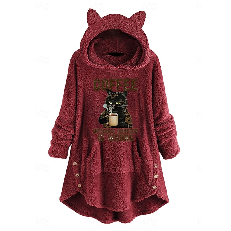 Women's Pullover Hoodie Sweatshirt Cat Casual Long Sleeve Hooded Long Tops Street Dailywear Casual Pink Wine Gray Fall Winter2