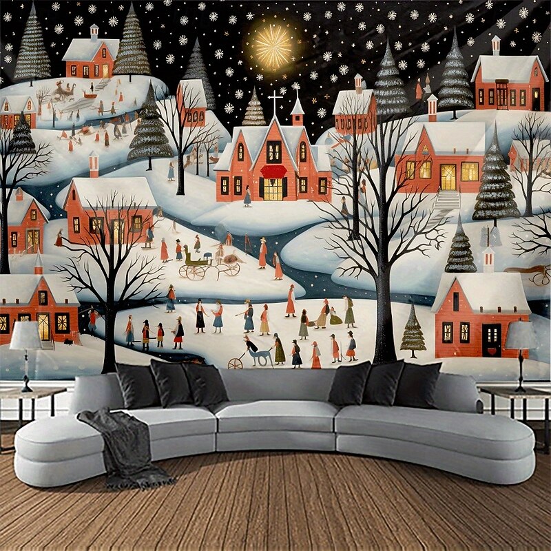 Chrismas Hanging Tapestry Snow-Covered House Santa Claus Reindeer Nativity Scene Large Wall Art Mural Decor Blanket Curtain Holiday Home Bedroom Living Room Festive Seasonal Christmas Decoration