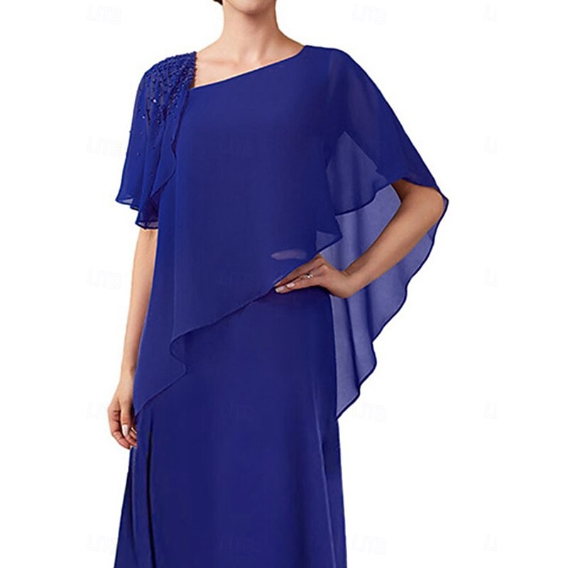 A-Line Mother of the Bride Dress Elegant Simple Square Neck Ankle Length Chiffon Short Sleeve with Solid Color3