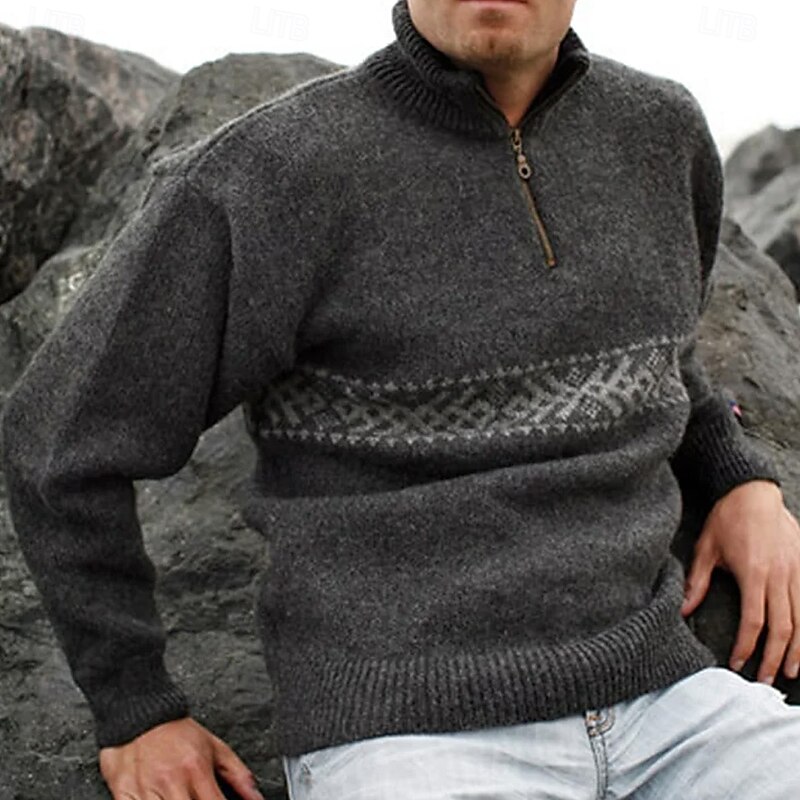 Men's Geometric Snowflake Fair Isle Sweater Zip Sweater Sweater Polo Zip Collar Casual Vacation Home Daily Zipper Knitting Keep Warm Long Sleeve Fall Winter White Dark Gray Gray3