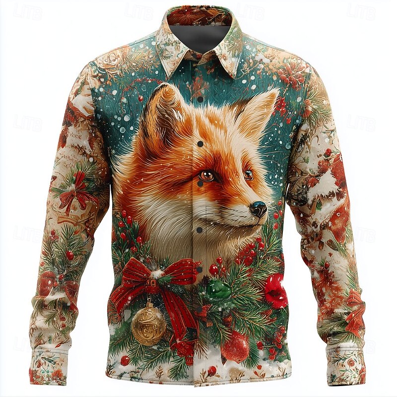 Christmas Men's Animal Fox Alpaca Shirt Button Up Shirt Long Sleeve Funny Outdoor Holiday Spring Fall Turndown 3D Print Collared Shirts Red 1 Red Khaki Red 22