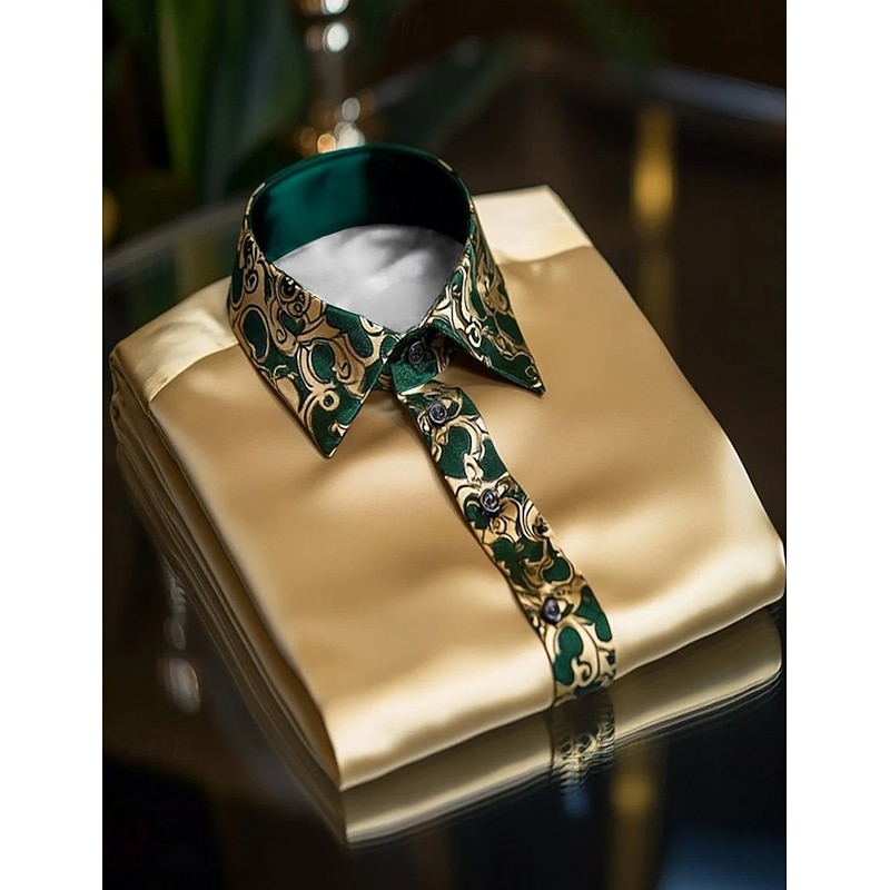 Men's Shirt Satin Shirt Dress Shirt Casual Shirt Button Up Shirt Prom Shirt Plain Formal Wedding Black Royal Blue Gold Long Sleeve Lapel Spring &  Fall All Seasons Clothing Apparel Patchwork