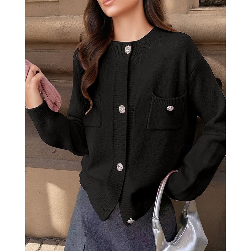 Women's Sweater Cardigan Streetwear Casual Solid Color Floral Crew Neck Pocket Buttons Knitted Long Sleeve Regular Tops Knit Daily Holiday Going out Black White Spring Fall2