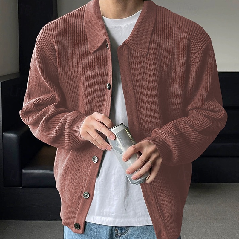 Men's Sweater Cardigan Sweater Ribbed Knit Regular Tops Knitted Plain Turndown Vacation Fashion Casual Daily Wear Clothing Apparel Spring &  Fall Black Blue S M L4