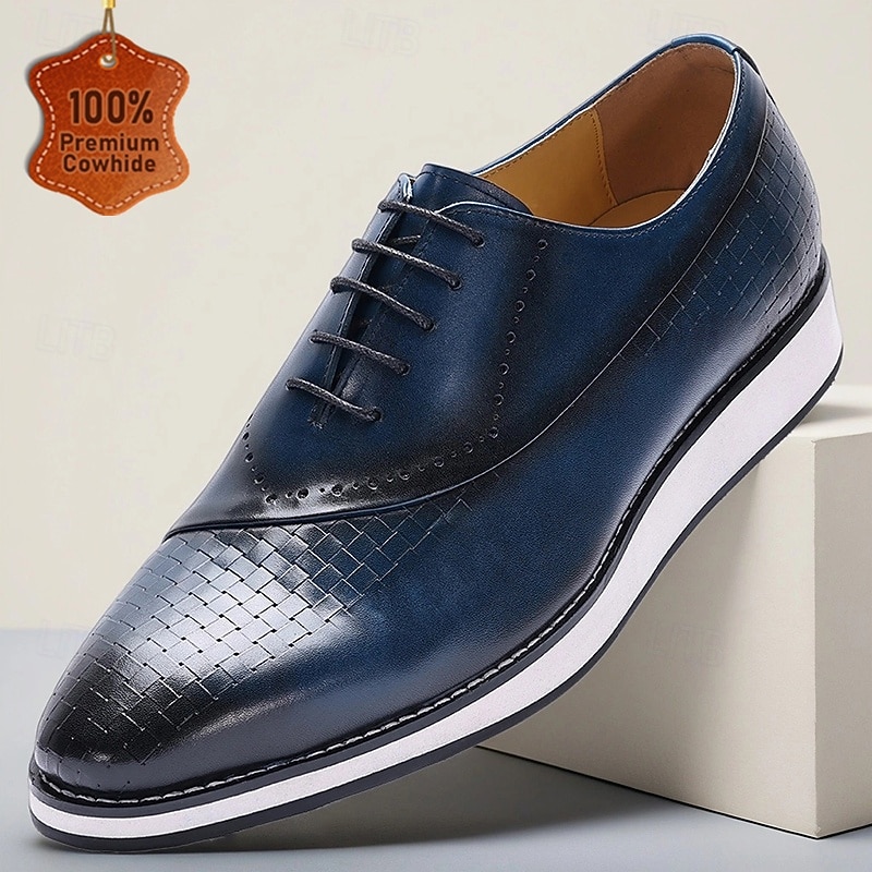 Men's Blue Lace-Up Dress Shoes – Genuine Leather Business Oxfords with Textured Detailing, Elegant Footwear for Office, Parties and Special Occasions - Main Image