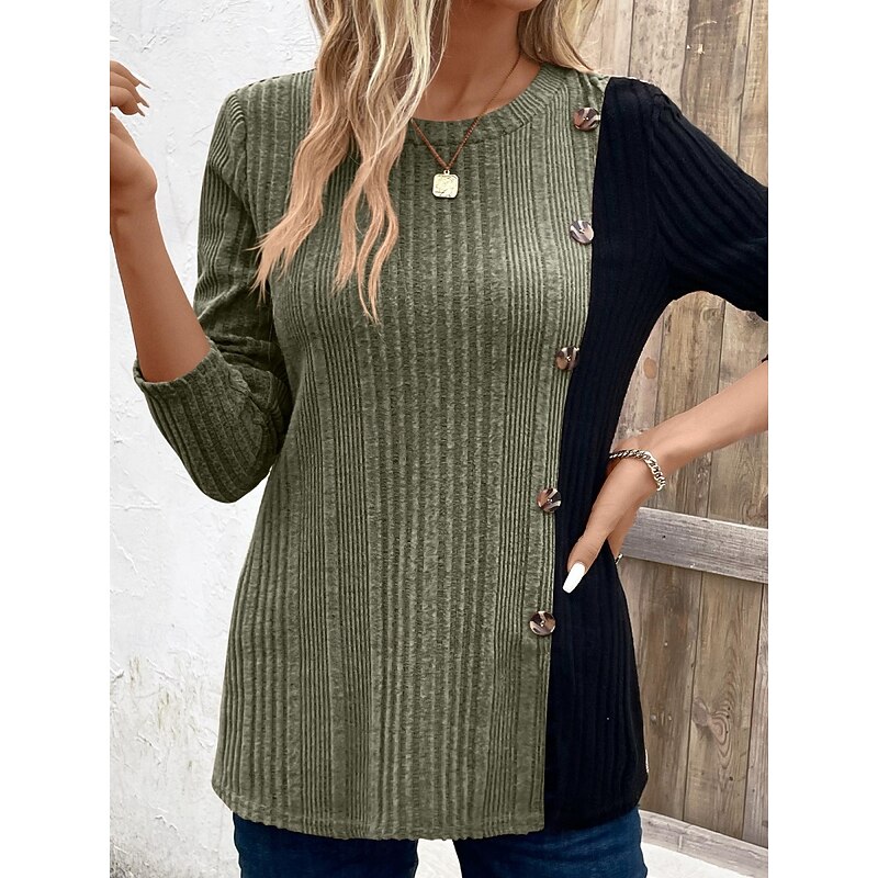 Women's Blouse Color Block Stylish Casual Long Sleeve Crew Neck Regular Tops Daily Ruched Buttons Light Green Wine Army Green Brown Khaki Spring Fall Winter2