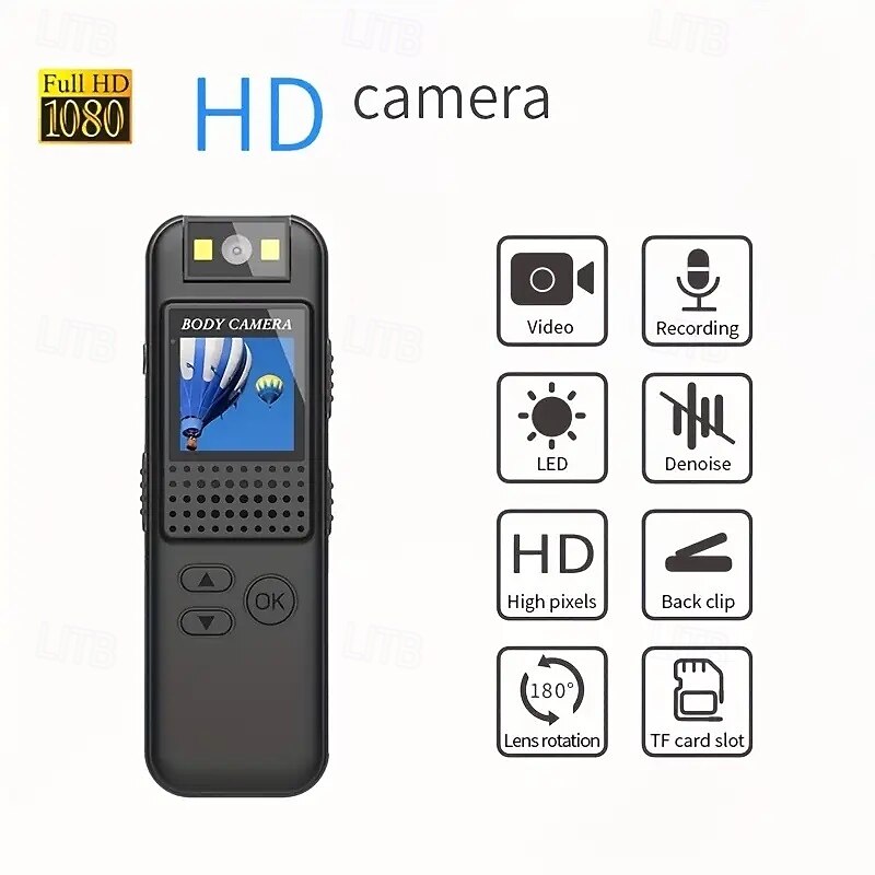 High-definition 1080P portable recorder with photo and video recording equipped with a fill light 0.9-inch IPS screen flip lens back clip magnetic camera and voice recorder with a 32GB card.