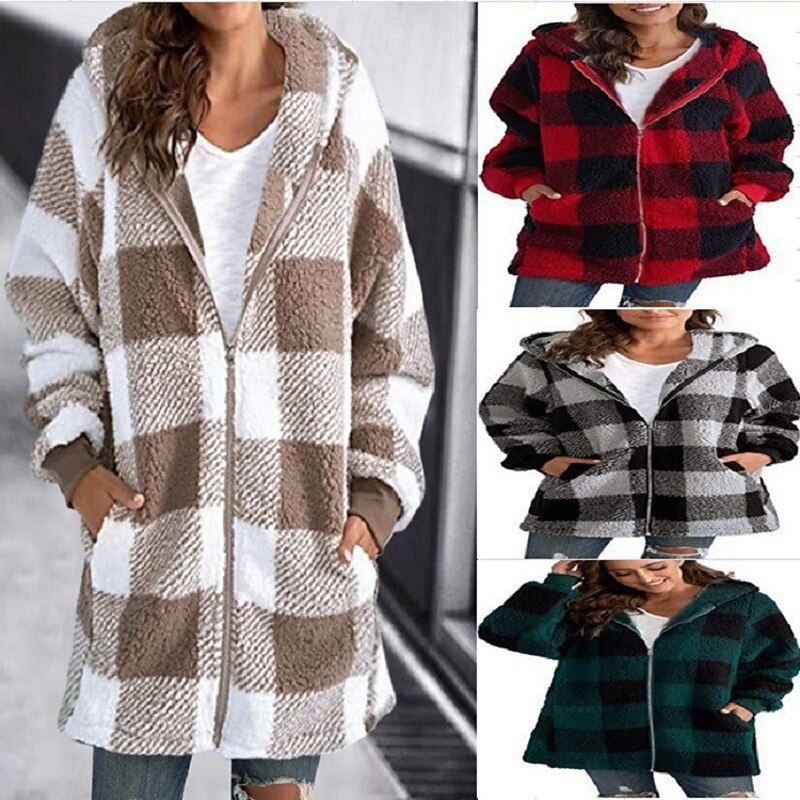 Women's Fleece Jacket Casual Jacket Hoodie Jacket Comfortable Breathable Zipper Pocket Print Casual Plaid Vacation Street Casual Daily Wear Zipper Long Hooded Loose Fit Long Sleeve Outerwear Black
