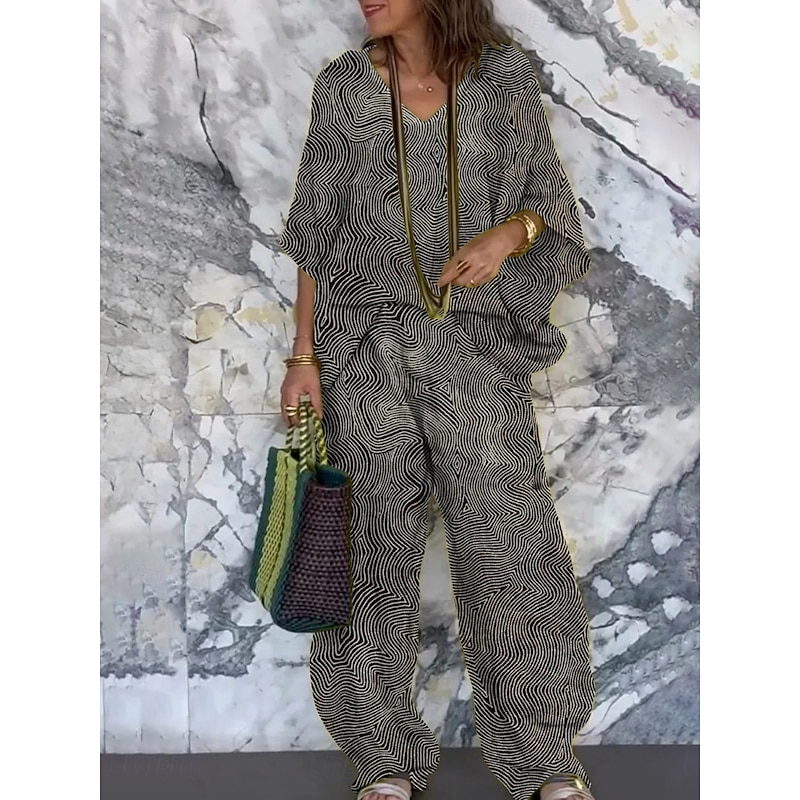 Women's Vacation Fashion Pants Sets 3/4 Length Sleeve V Neck Striped Print Vacation Daily Holiday Khaki Summer Regular Fit