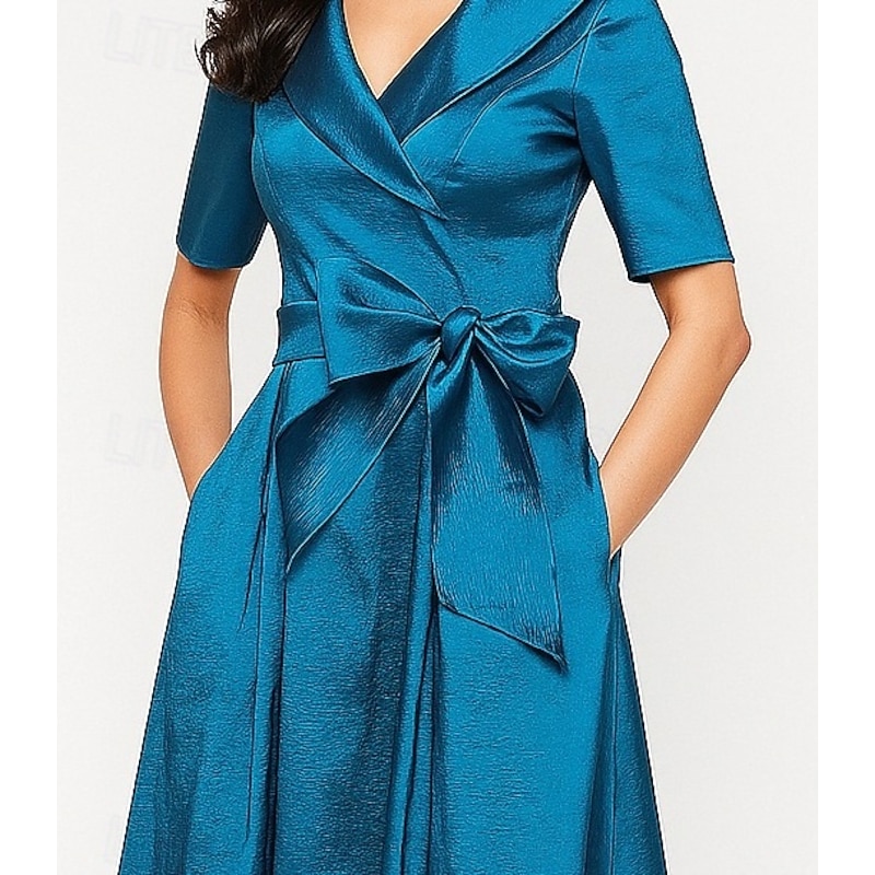 Tuxedo Dress A-Line Formal Wedding Wedding Guest Satin Elegant Vintage Short Sleeve Tea Length Shawl Lapel2