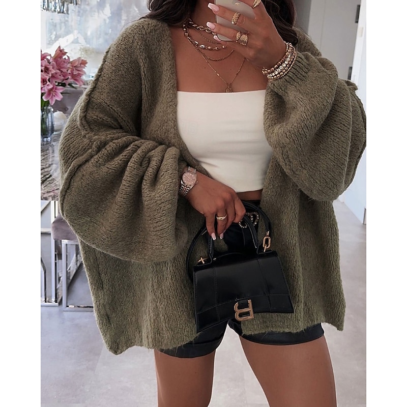 Women's Sweater Cardigan Fashion Streetwear Solid Color V Neck Knitted Long Sleeve Regular Tops Knit Daily Going out Weekend Black Green Fall Winter