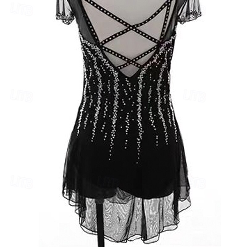 Figure Skating Dress Women's Girls' Ice Skating Dress Black Patchwork Thumbhole Spandex Mesh Stretchy Training Practice Professional Skating Wear Thermal Warm Crystal / Rhinestone Long Sleeve Ice4