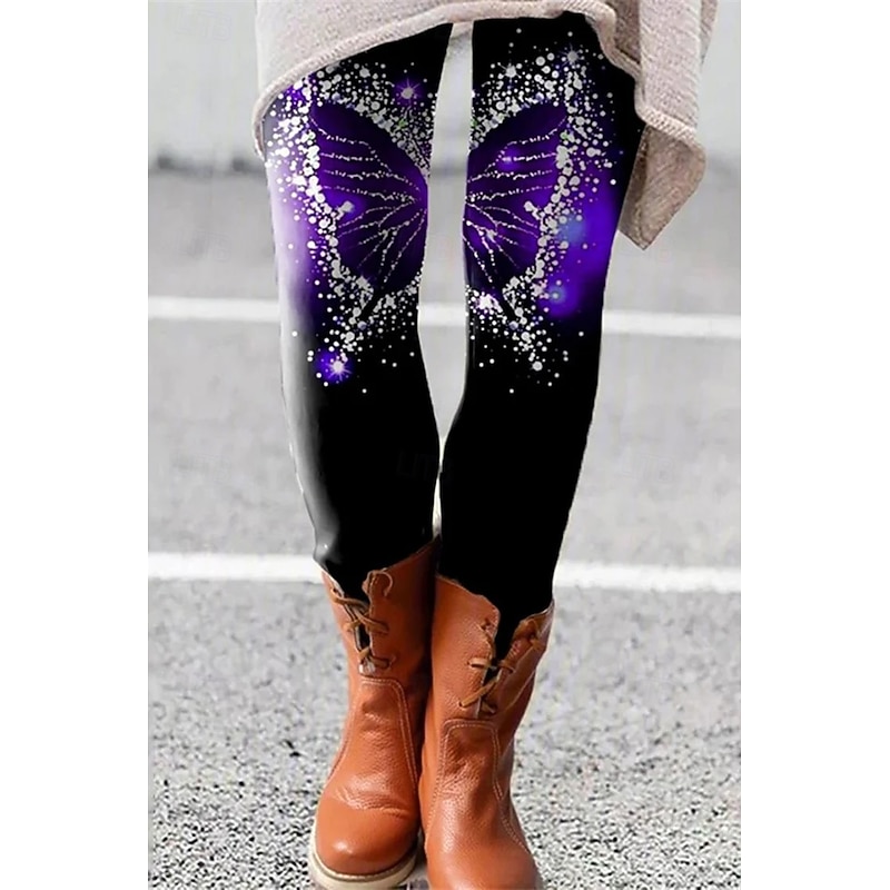 Women's Leggings Vacation Vintage Ethnic Style Full Length High Waist Graphic Butterfly 3D Print Quick Dry Breathability Soft Stretchy Outdoor Home Causal Blue Purple Orange Fall Skinny3