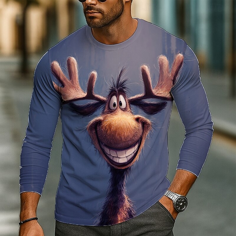 Men's Elk 3D Cartoon Funny T Shirt Long Sleeve T shirt 3D Print Crew Neck Shirt Fashion Basic Street Casual Daily Royal Blue Blue Brown Summer Spring Clothing Apparel S M L XL XXL XXXL2