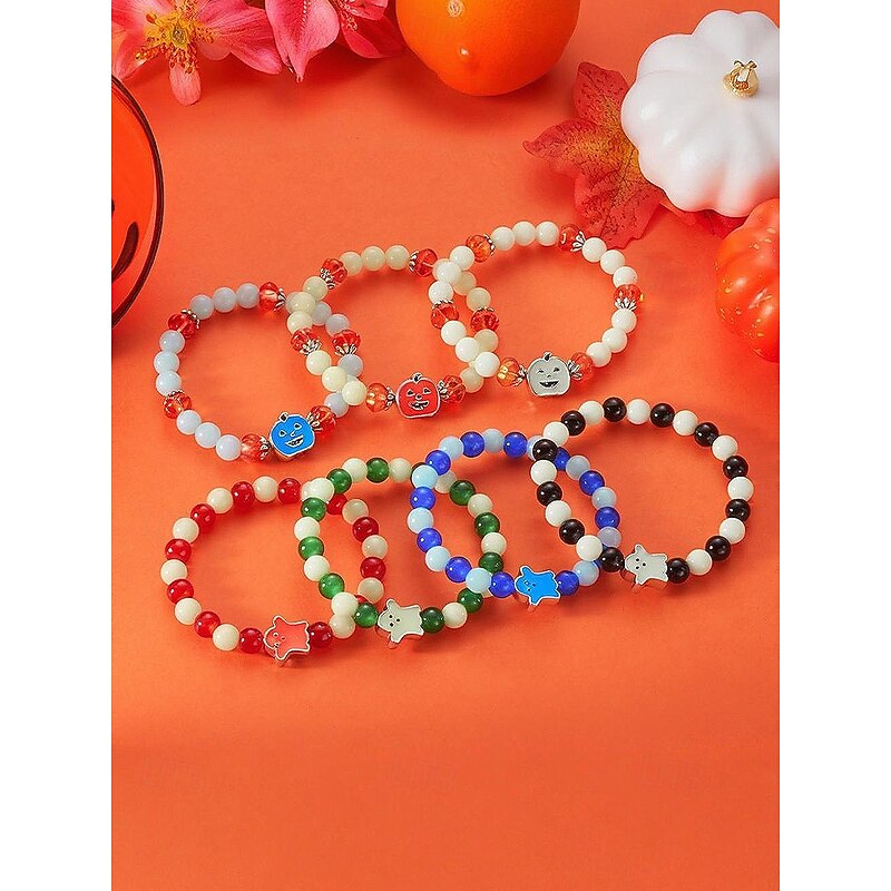 Women's Halloween Glow in the Dark Beaded Bracelet, Cute Ghost Pumpkin Elastic Jewelry for Costume Parties and Festivals4