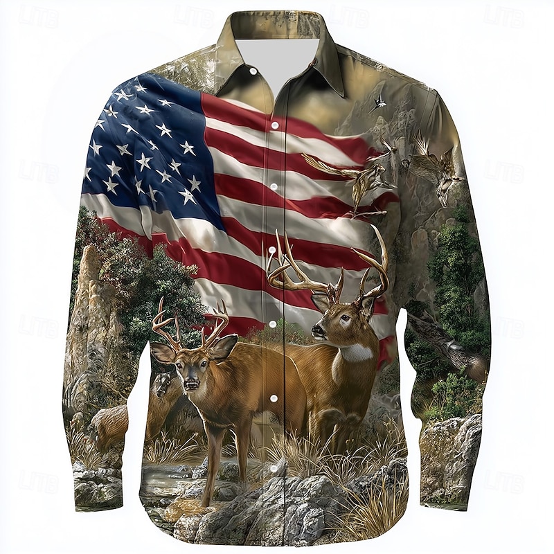 Men's Reindeer Camouflage US Flag Shirt Button Up Shirt Long Sleeve Vintage Retro Outdoor Camping & Hiking Hunting Spring Fall Turndown 3D Print Linen Like Shirt Green 1# Green 2# Green4