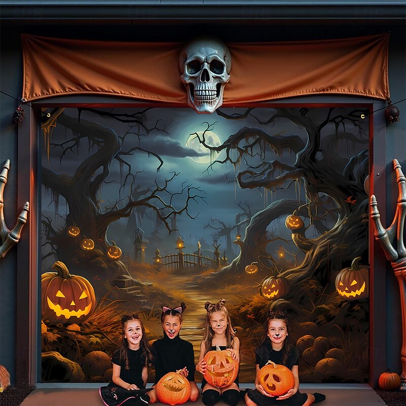 Halloween Garage Door Cover Large Hanging Backdrop Pumpkin Cemetery Tree Dark Punk Gothic Style Party Outdoor Shooting Backgrounds Yard Haunted House Home Decor