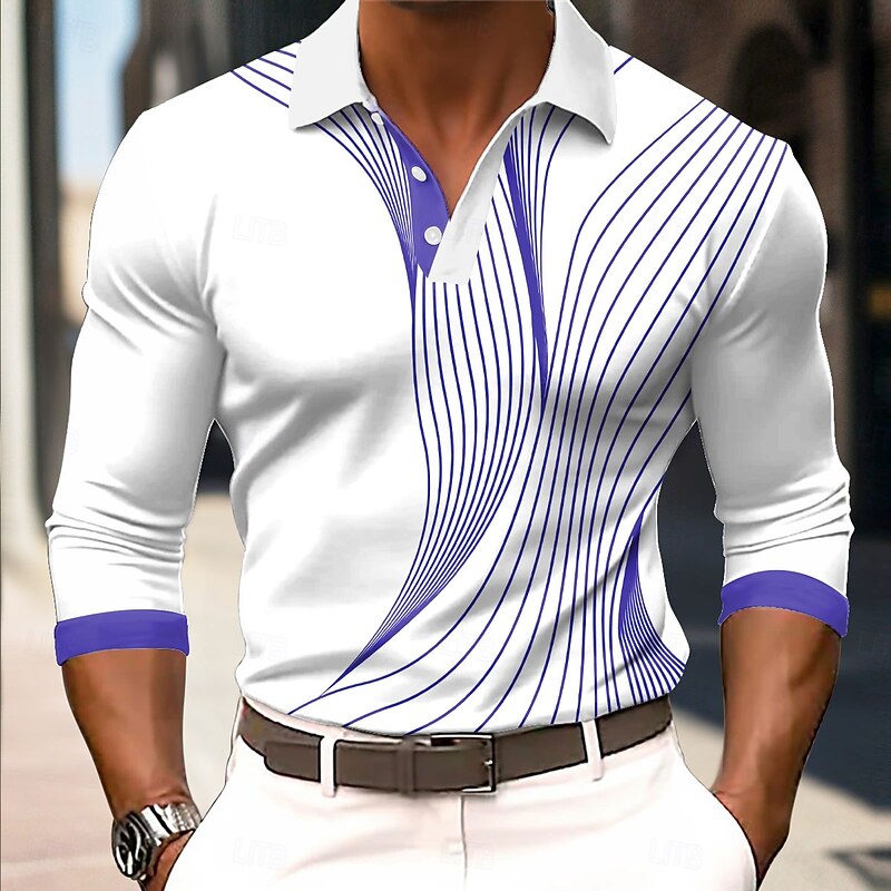 Men's Geometic Line Polo Long Sleeve Polo Shirts Collared Shirts Business Casual Business Athleisure Daily Wear 3D Print Buttons Spring Fall Winter Red Blue Purple4