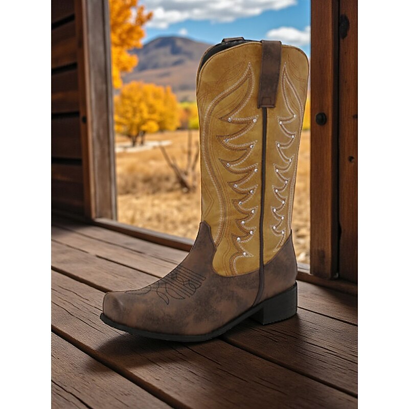 Women's Western Cowboy Boots Brown and Red Embroidered Mid-Calf Design Durable Comfortable Footwear for Casual Outfits2