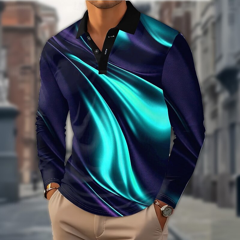 Men's Abstract Geometic Polo Long Sleeve Polo Shirts Lapel Casual Outdoor Street Athleisure Daily Wear 3D Print Buttons Spring Fall Winter Blue Green