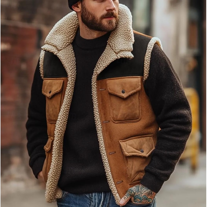 Men's Faux Suede Vest Fleece Vest Outdoor Casual Daily Fashion Retro Fall Winter Pocket Polyester Thermal Warm Comfortable Color Block Zipper Lapel Regular Fit Brown Vest