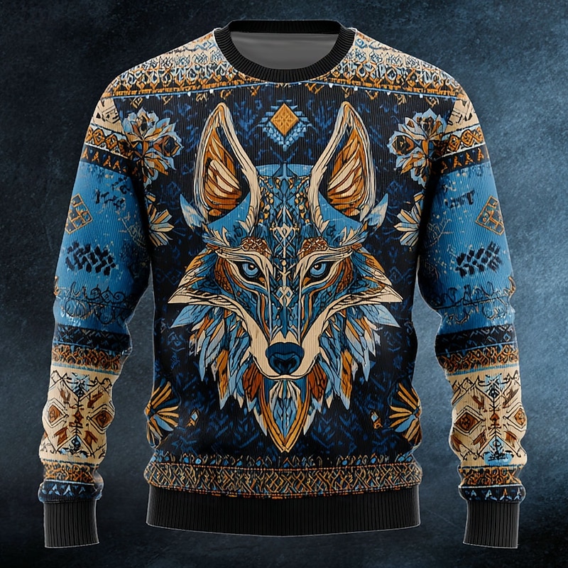 Men's Animal Wolf Viking Pullover Sweater Jumper Knitwear Crewneck Retro Vintage Casual Vacation Daily 3D Print Knitting Keep Warm Long Sleeve Spring Fall Winter Blue Brown Green