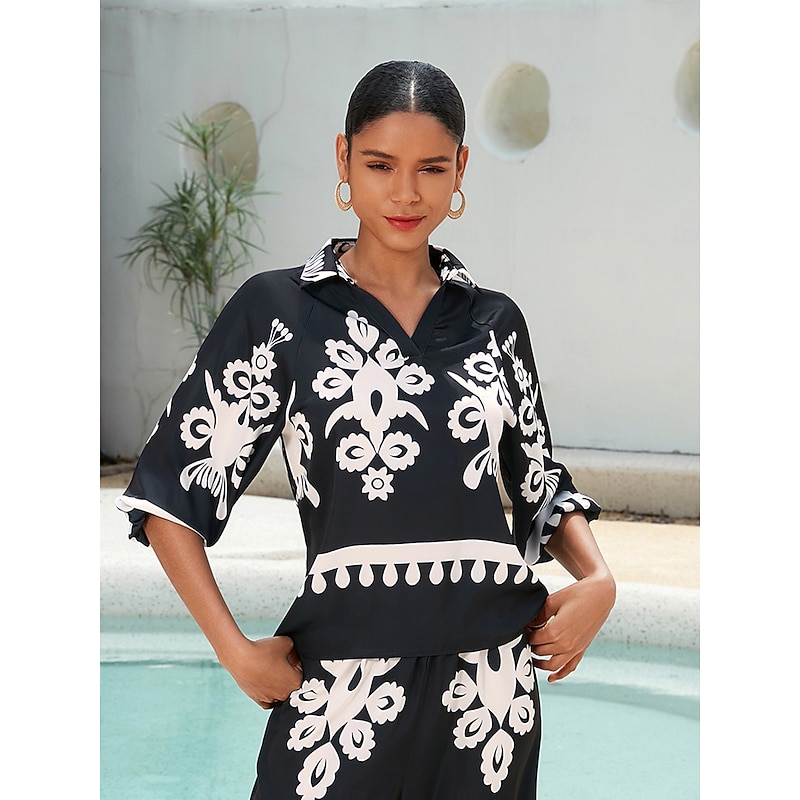 Women's Classic Casual Top Raglan Sleeves Half Sleeve Modern Lapel Black Print Spring Summer Fall - Main Image