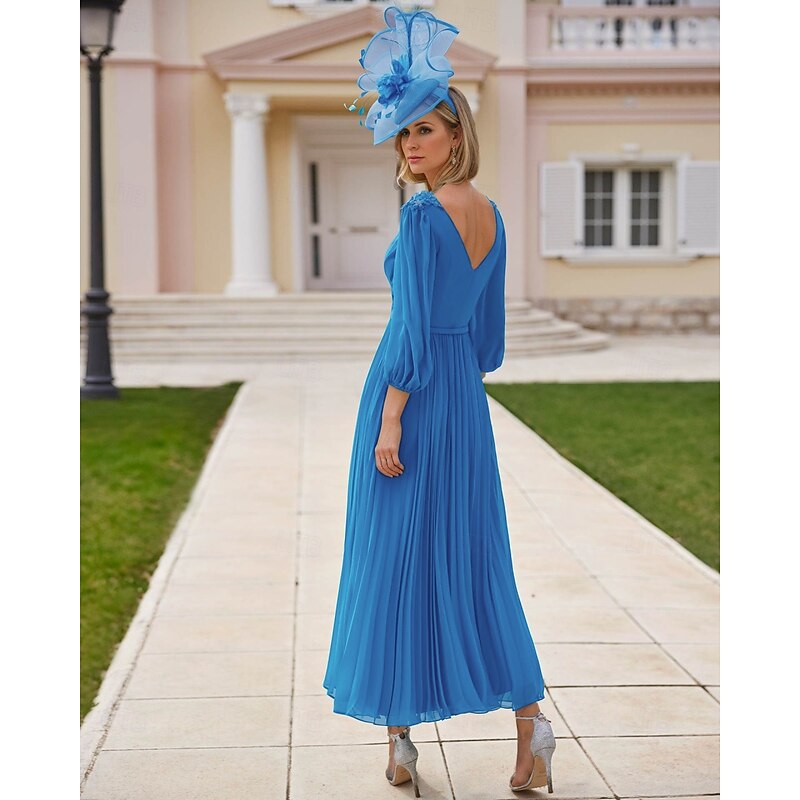 A-Line Dress Beach Wedding Mother of the Bride Dress Elegant V Neck Tea Length Long Chiffon 3/4 Length Sleeve with Lace Tier Solid Color2