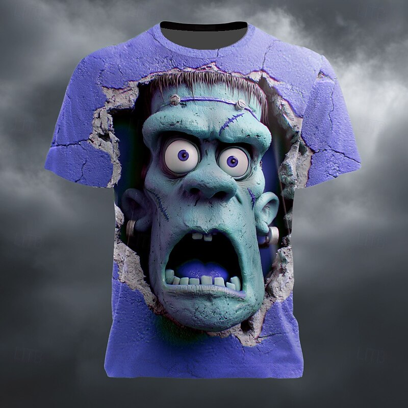 Halloween Men's Optical Illusion Zombies 3D T Shirt Short Sleeve T shirt 3D Print Crew Neck Shirt Exaggerated Designer Horror Party Street Holiday Lake Blue Purple Green Summer Spring All Seasons2