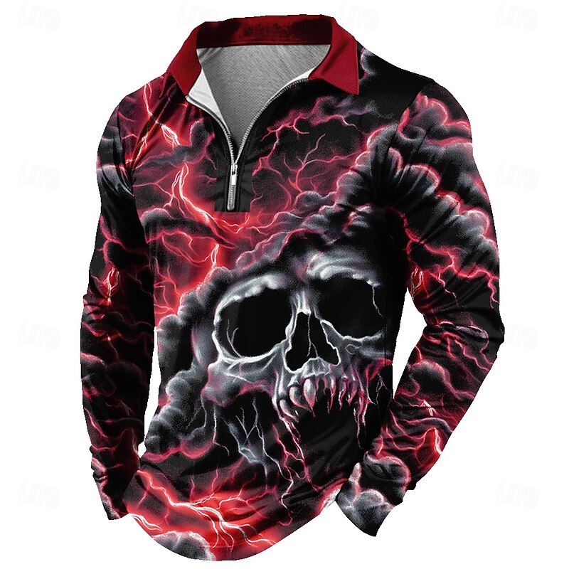 Day of the Dead Men's Skull Polo Long Sleeve Polo Shirts Lapel Casual Dark Daily Wear Festival Outfit 3D Print Quarter Zip Polo Spring Fall Winter Red Blue Brown