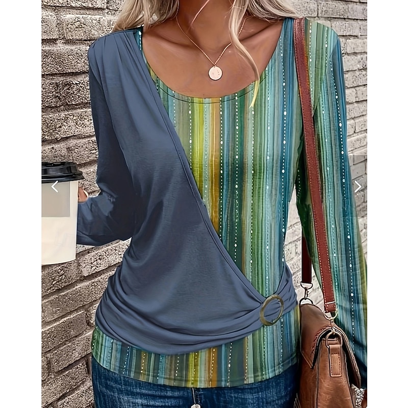Women's Blouse Graphic Stylish Long Sleeve Crew Neck Regular Tops Daily Holiday Going out Patchwork Blue Brown Green Spring Fall2