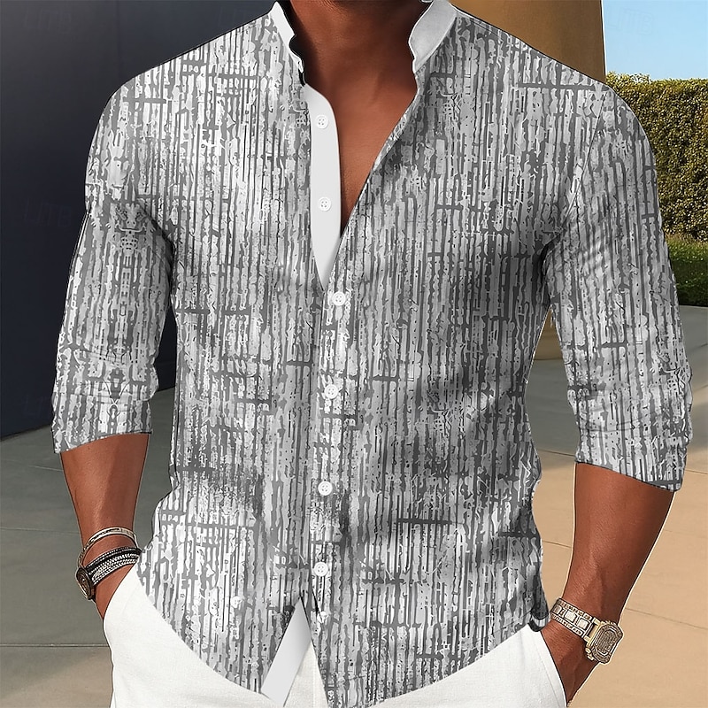 Men's Stripes Geometric Pattern Shirt Stand Collar Shirt Long Sleeve Vintage Retro Dailywear Holiday Spring Fall Mandarin Collar Band Collar 3D Print Button Up Shirts Blue Brown Green Gray