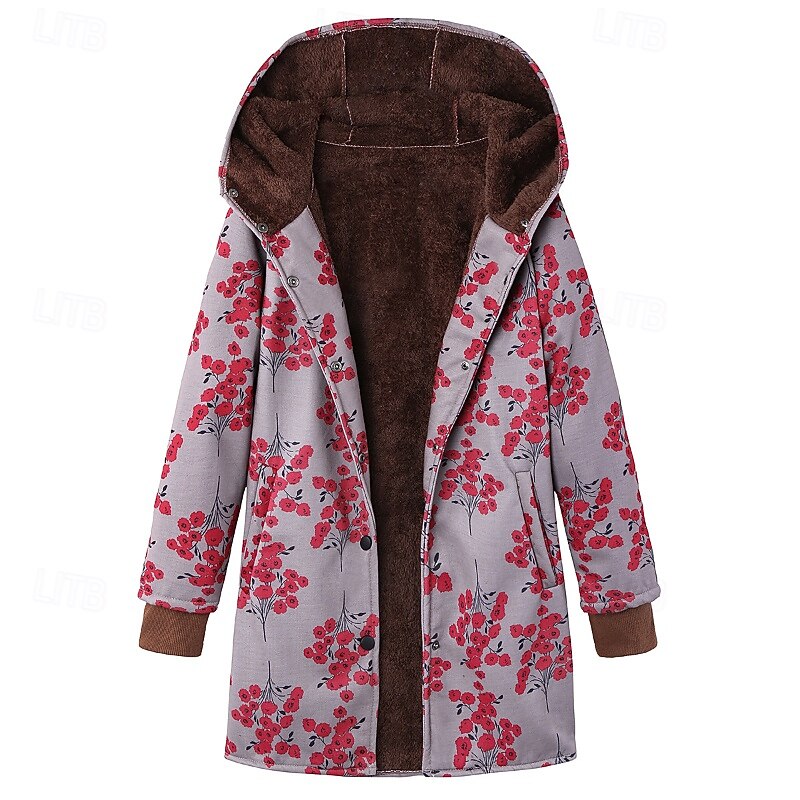 Women's Winter Coat Coat Hoodie Jacket Warm Comfortable Pocket Buttons Casual Floral Vacation Going out Weekend Regular Hoodie Regular Fit Long Sleeve Outerwear White Yellow Red Fall Winter2