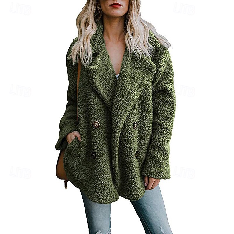 Women's Sherpa Jacket Comfortable Breathable Buttons Elegant Casual Plain Vacation Street Casual Daily Wear Double Breasted Regular Hooded Regular Fit Long Sleeve Outerwear Pink Green Khaki Spring4