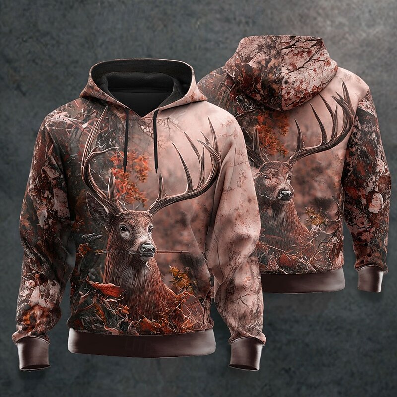 Men's Deer Hoodie Sweatshirt Fashion Classic Crew Neck Outdoor Hunting Yellow Red Drawstring Fall Winter Designer2