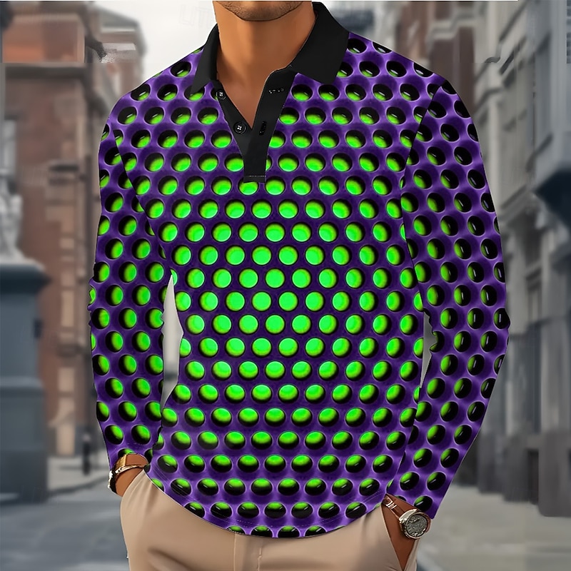 Men's Geometric Abstract Polo Long Sleeve Polo Shirts Lapel Casual Outdoor Street Athleisure Daily Wear 3D Print Buttons Spring Fall Winter Blue Purple Green3