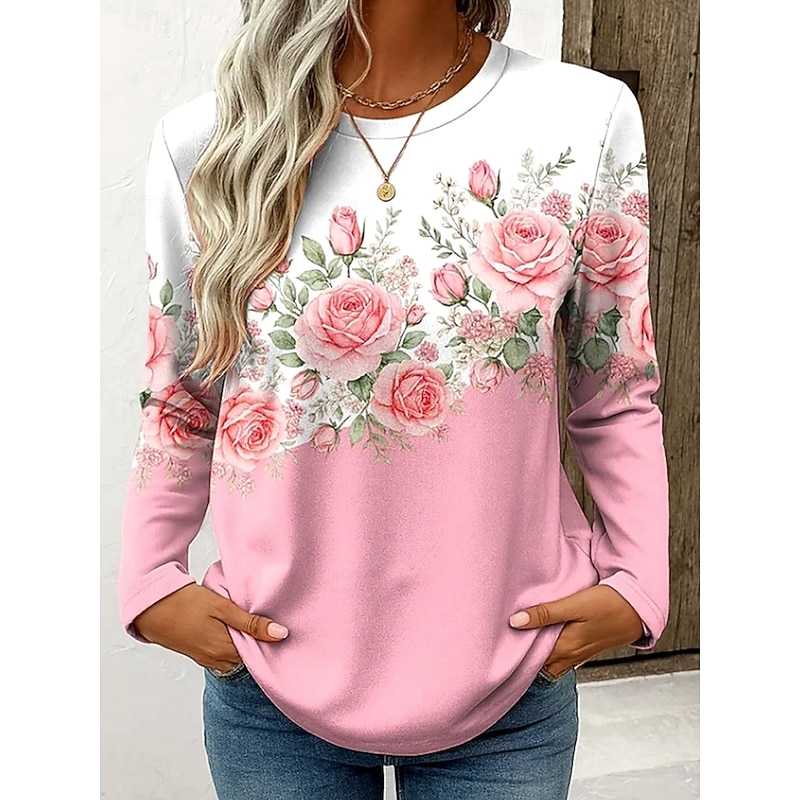 Women's T Shirt Floral Graphic Plants Vintage Stylish Classic Long Sleeve Crew Neck Round Neck Regular Tops Daily Print Pink Spring Fall Winter