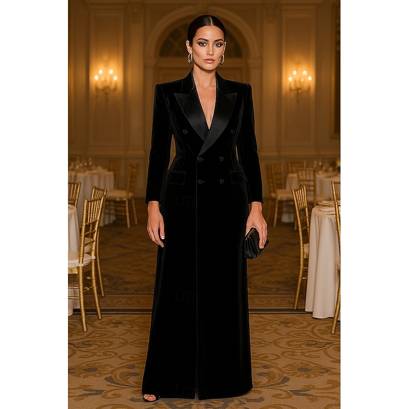 Tuxedo Dress Sheath Formal Wedding Guest Satin Velvet Elegant Long Sleeve Floor Length Peak Lapel Double Breasted2