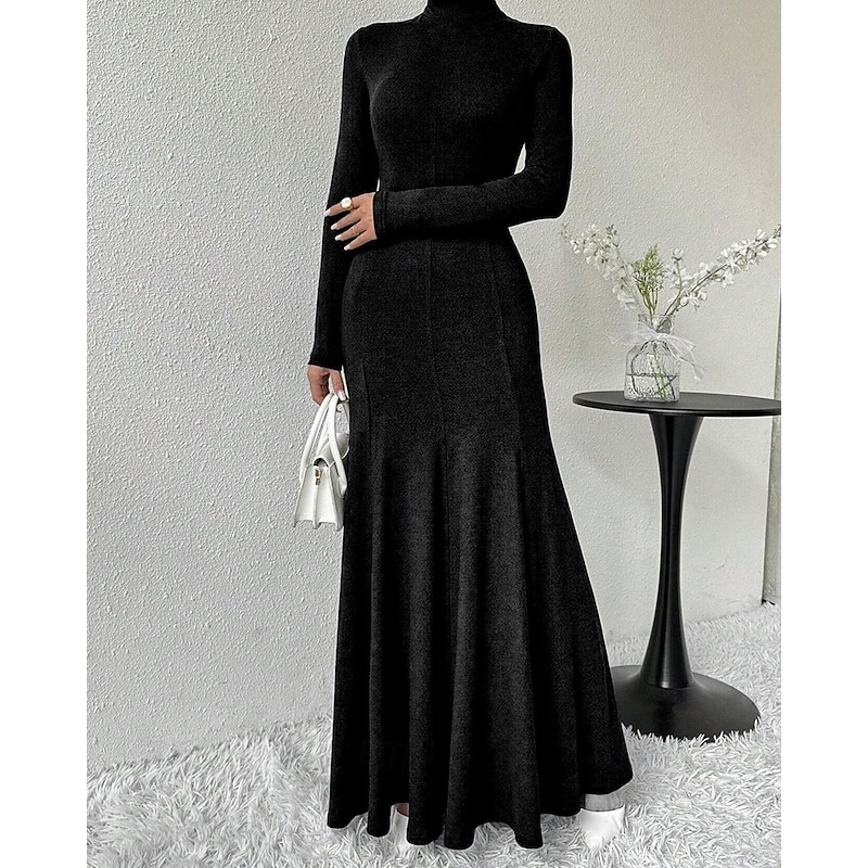 Women's Midi Dress Black Dress Casual Dress Elegant Fashion Modern Outdoor Daily Going out Regular Fit Plain Long Sleeve Turtleneck Black Spring Winter Autumn