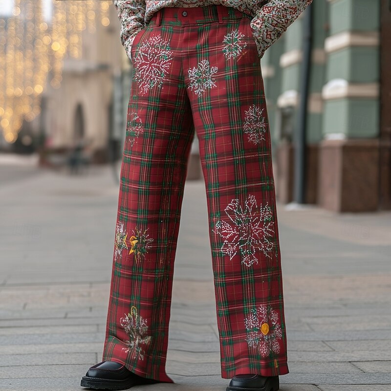 Christmas Men's Grid / Plaid Patterns Snowflake Trousers Dress Pants Suit Pants Mid Waist Fashion Casual Outdoor Holiday Relaxed Fit Flat Front Dress Pants with Side Pockets Spring Fall 3D Print Red